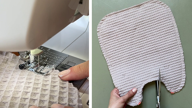 sewing the baby bib and clipping the curved seam allowances