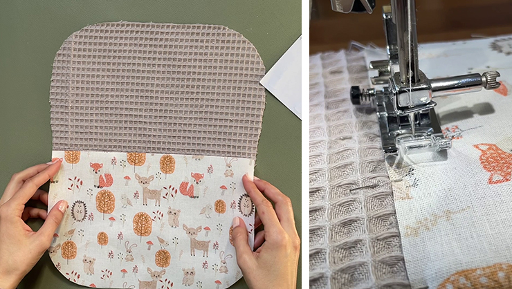 sewing the printed cotton panel onto the baby bib