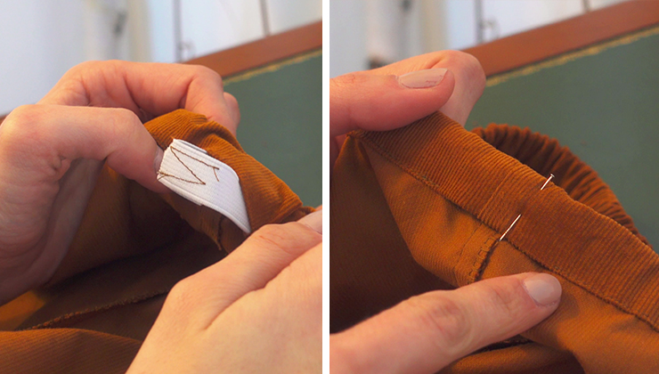 placement de l'élastique dans l'ourlet de taille du bloomer bébé